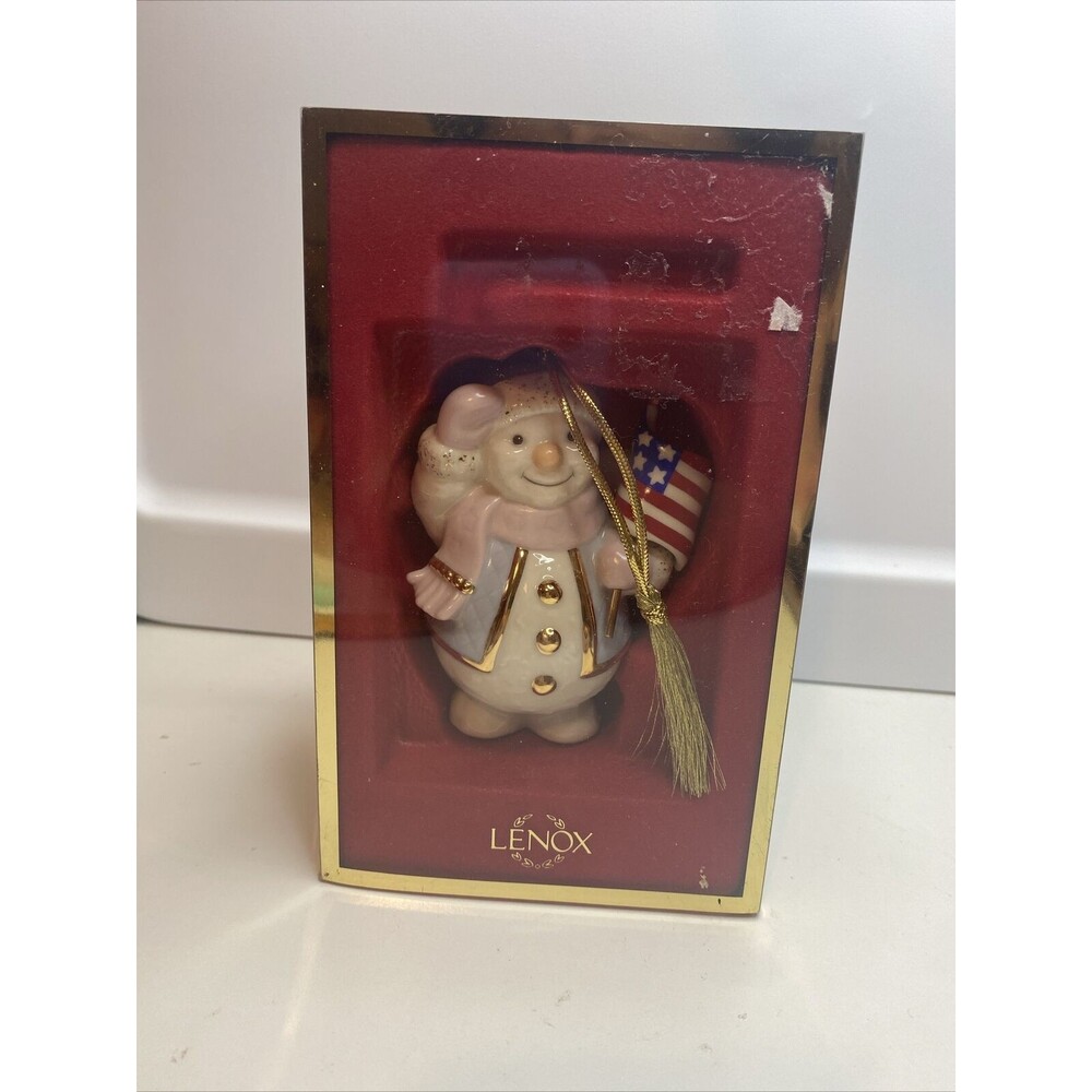 LENOX "Patriotic Snowman" 2003 Porcelain Christmas Ornament With Package